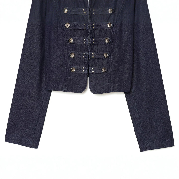 Women short denim military jacket with stand-up collar and decorative button placket Mune Fashion
