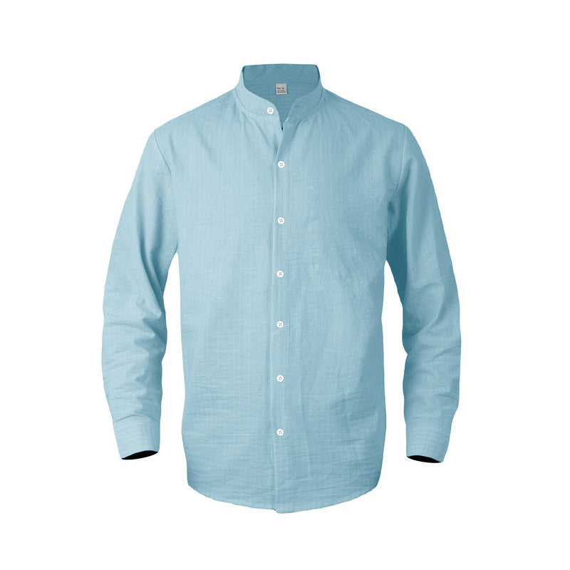 Men's striped stand-up collar shirt made of linen-cotton blend with button placket Mune Fashion