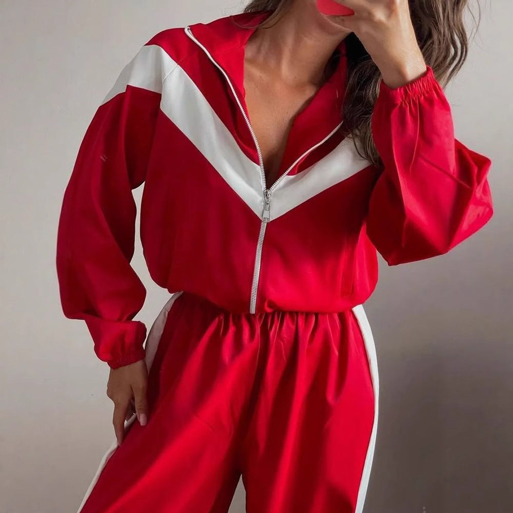 Women's satin track set with stand-up collar, chevron stripes and drawstring Mune Fashion
