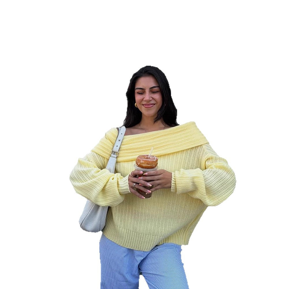 Women Off-Shoulder Ribbed Knit Sweater with Wide Folded Collar Mune Fashion