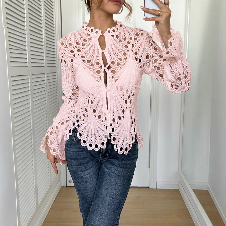 Women's filigree crochet lace blouse with stand-up collar, decorative button placket, and wavy hem Mune Fashion