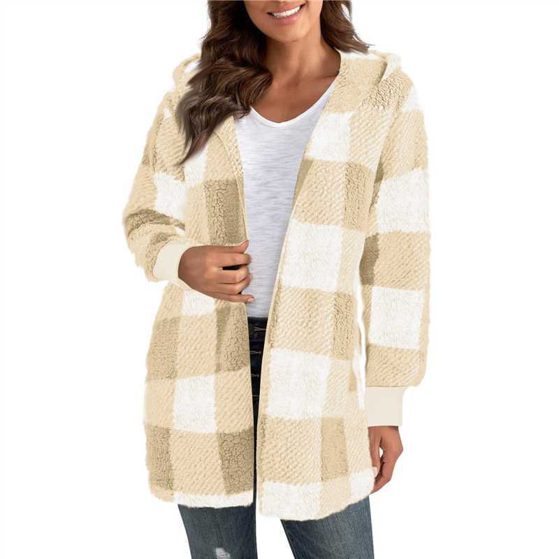 Women's checked teddy coat with large lapel collar and ribbed cuffs Mune Fashion