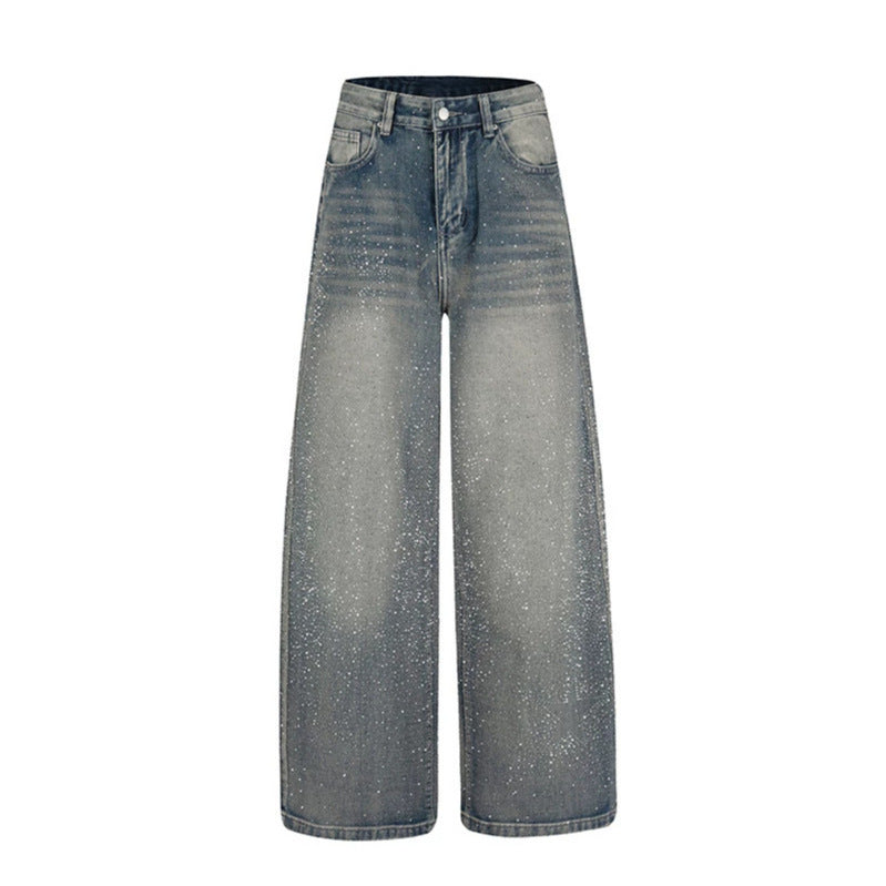 Women wide high-cut palazzo jeans with glitter effect and vintage wash Mune Fashion
