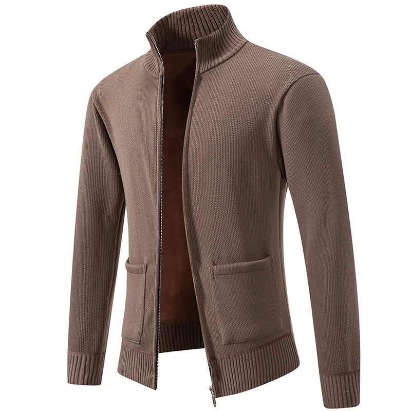 Men's finely structured zip-up knitted cardigan with stand-up collar and patch pockets Mune Fashion