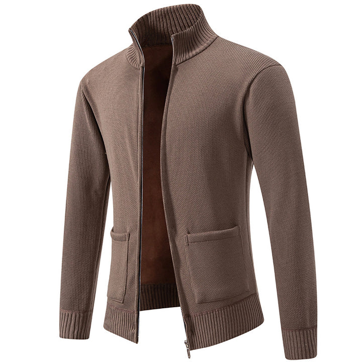 Men's finely structured zip-up knitted cardigan with stand-up collar and patch pockets Mune Fashion