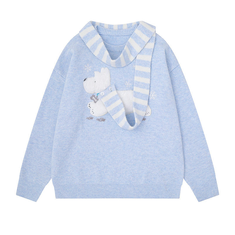 Women's Cozy Knit Sweater with Polar Bear Applique and Integrated Striped Scarf Mune Fashion