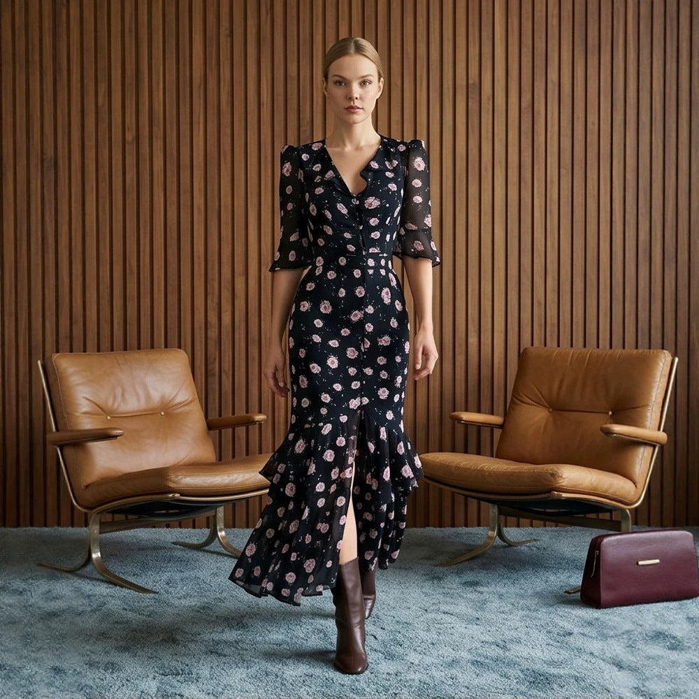 Women Tailored Chiffon Midi Dress with V-Neck, Three-Quarter Sleeves and Tiered Ruffles