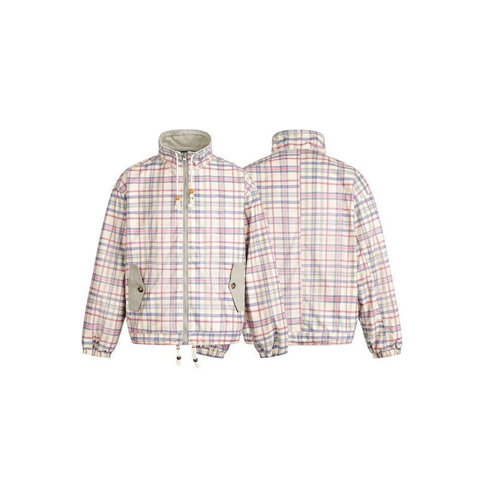 Women's lightly padded checkered boxy bomber jacket with drawstring hem, wooden bead cord and patch pockets Mune Fashion