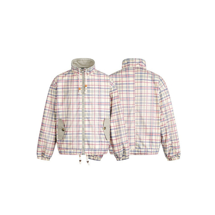 Women's lightly padded checkered boxy bomber jacket with drawstring hem, wooden bead cord and patch pockets Mune Fashion