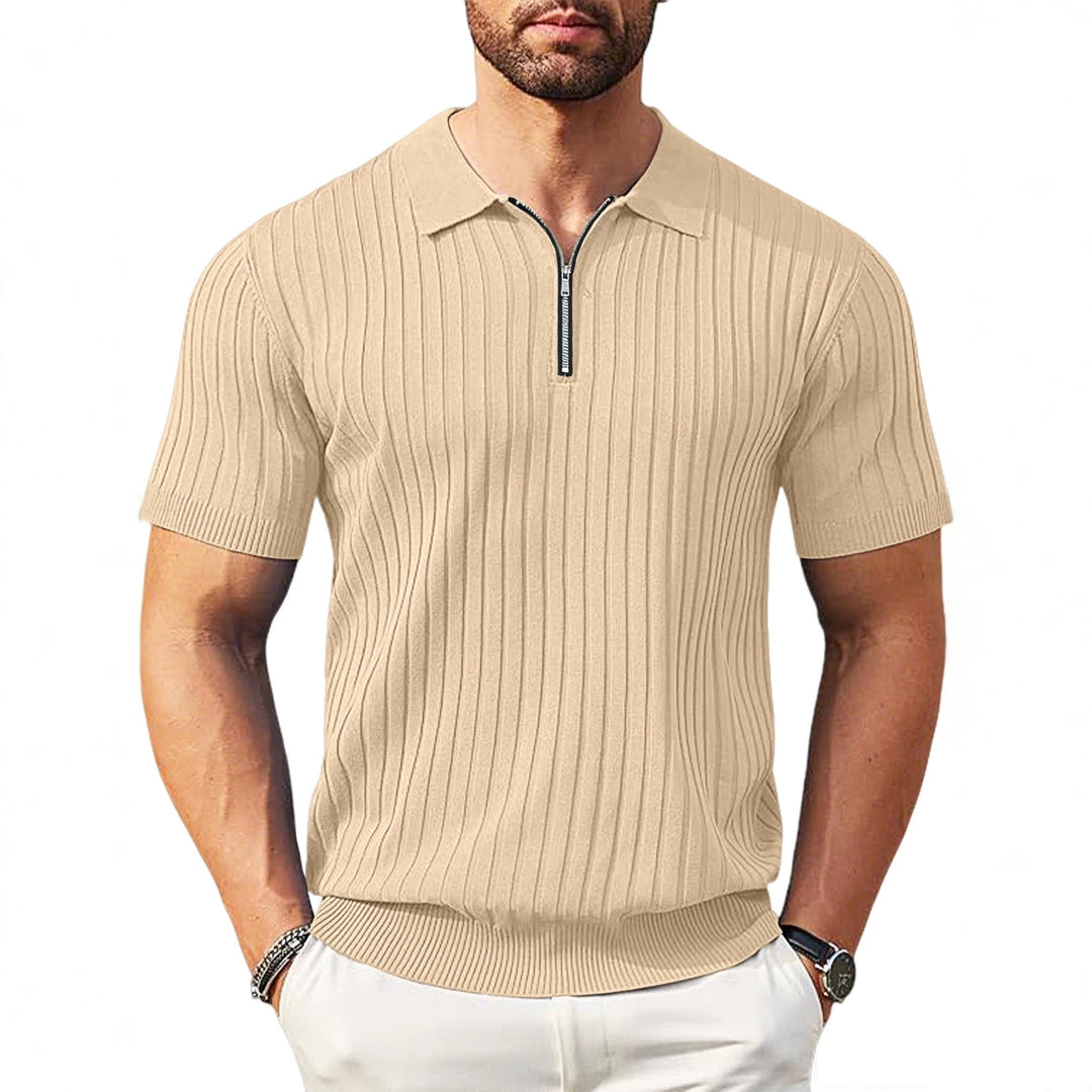 Men's elegant structured short sleeve knit polo with short metal zipper and shirt collar Mune Fashion