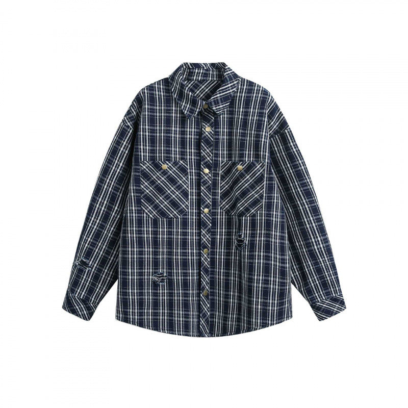 Unisex Boxy Shirt Jacket in plaid flannel look with patch chest pockets and used details Mune Fashion