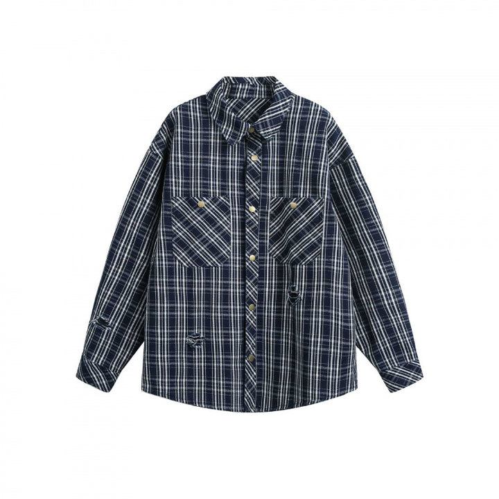 Unisex Boxy Shirt Jacket in plaid flannel look with patch chest pockets and used details Mune Fashion