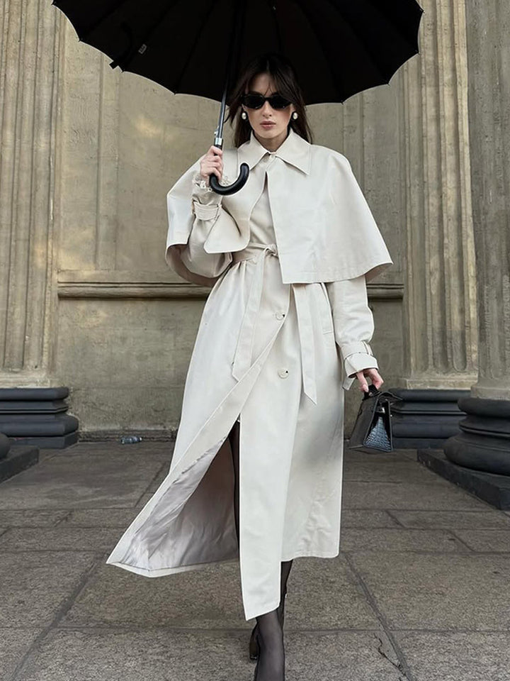 Women's Long Tailored Trench Coat with Detachable Cape and Tied Belt Mune Fashion