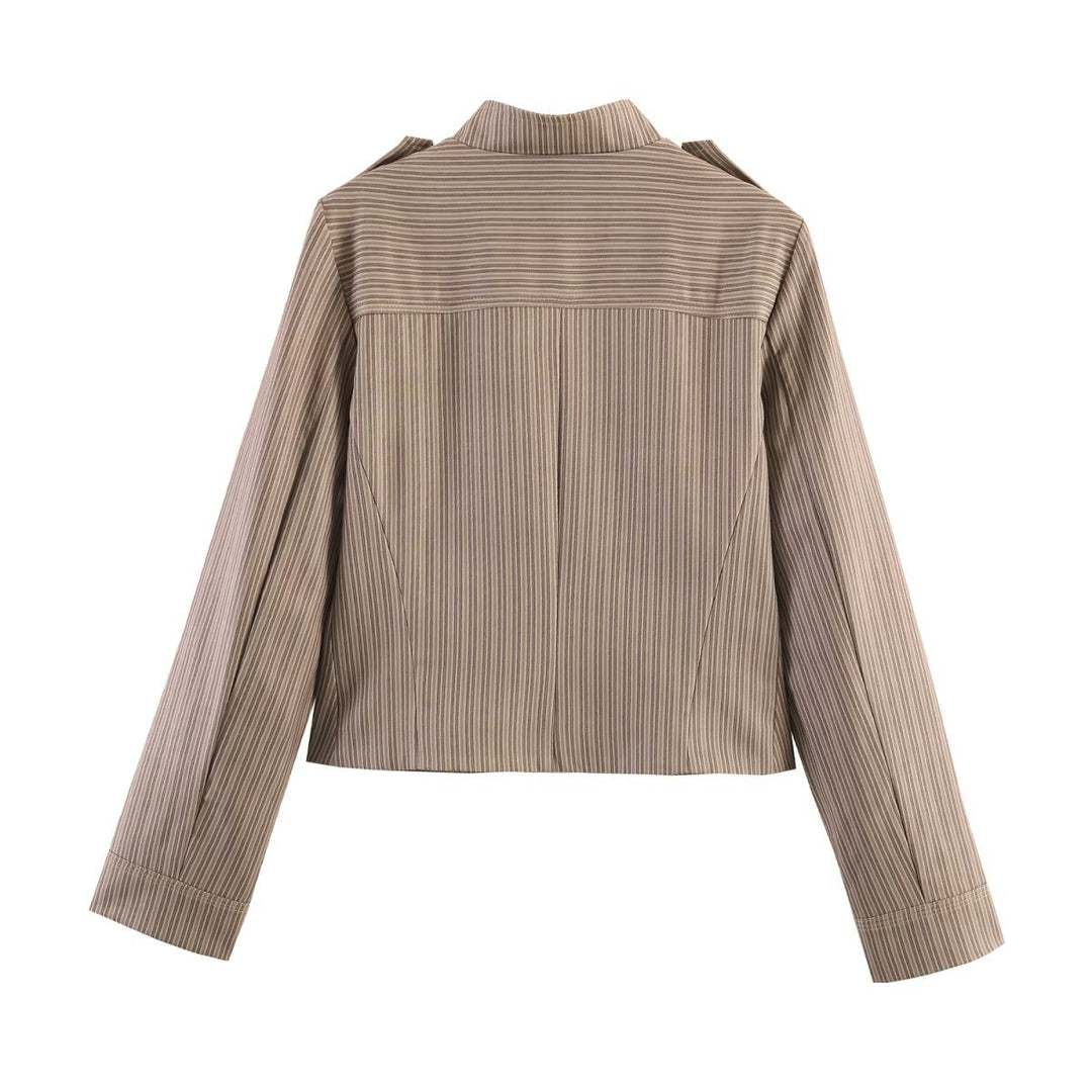 Women Short Cut Military Inspired Jacket with Stand Collar and Double Decorative Button Row Mune Fashion