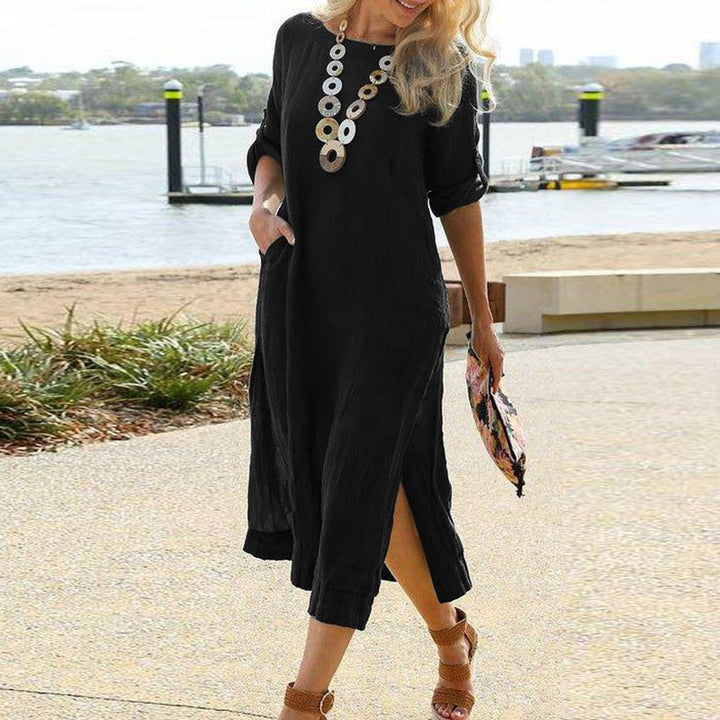 Women Linen Look Midi Dress with Side Slits, Patch Pockets and Three-Quarter Sleeves Mune Fashion
