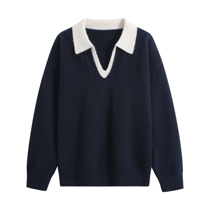 Women's Oversize Polo Knit Sweater made of soft wool blend with contrast collar and deep V-neck Mune Fashion