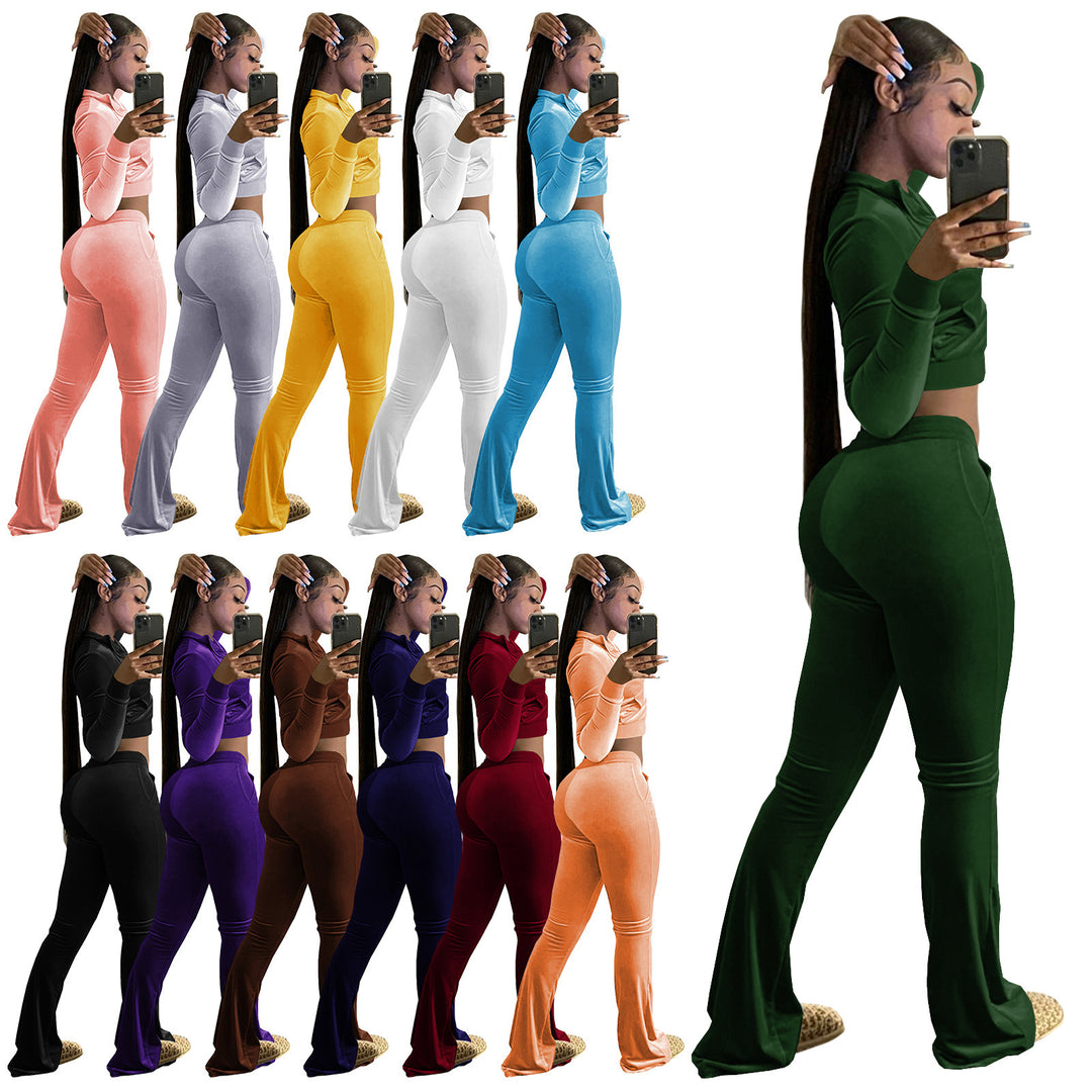 Women's Two-Piece Velvet Lounge Set with Cropped Zipper Hoodie and Flared Palazzo Pants EB