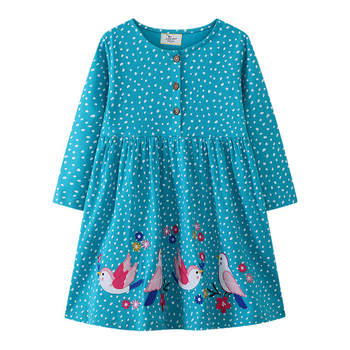 Girl Long Sleeve Dress with Playful Bird Design Mune Fashion