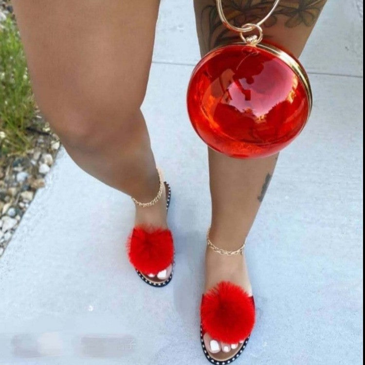 Ladies nan Pompon slide with soft faux fur ball, studded edge and non-slip outsole Mune Fashion