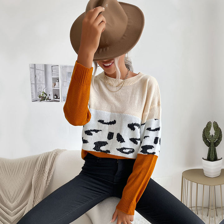 Women's Colorblock Knit Sweater with Leopard Pattern, Round Neck and Casual Fit Mune Fashion