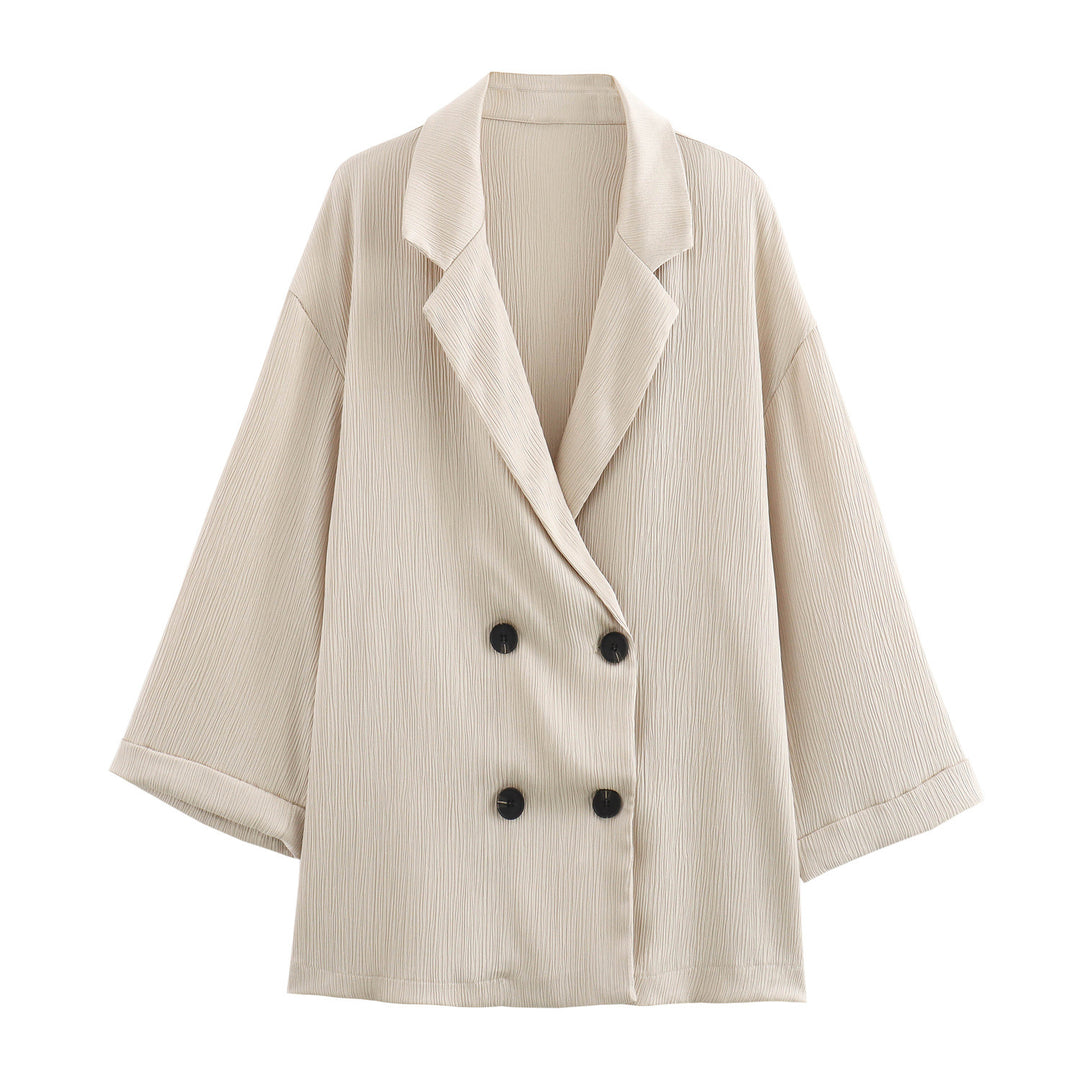 Ladies Oversized Double-Breasted Blazer with Pleated Structure and Three-Quarter Sleeves Mune Fashion