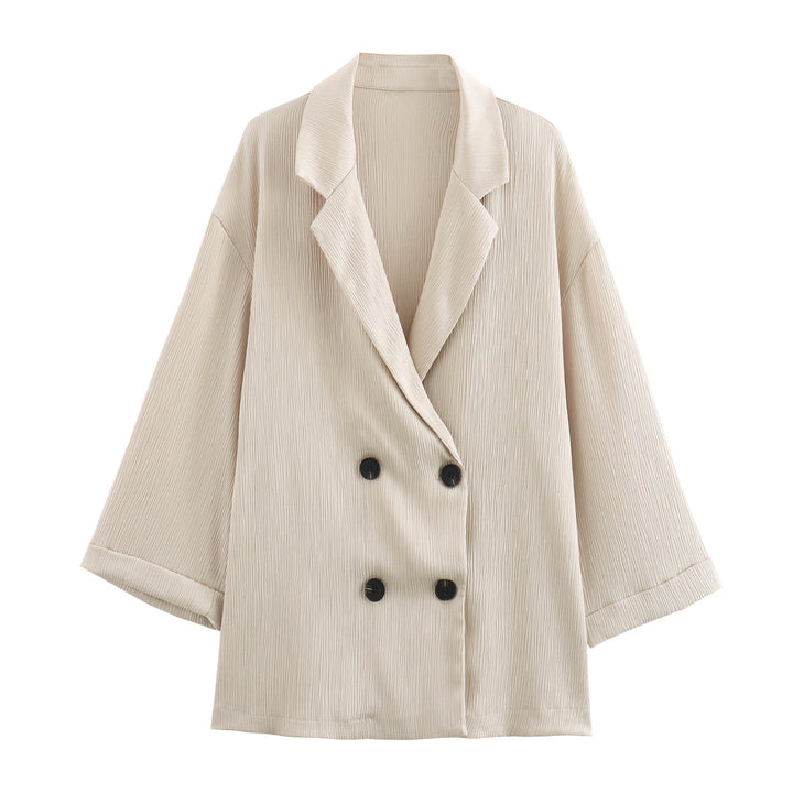 Ladies Oversized Double-Breasted Blazer with Pleated Structure and Three-Quarter Sleeves Mune Fashion