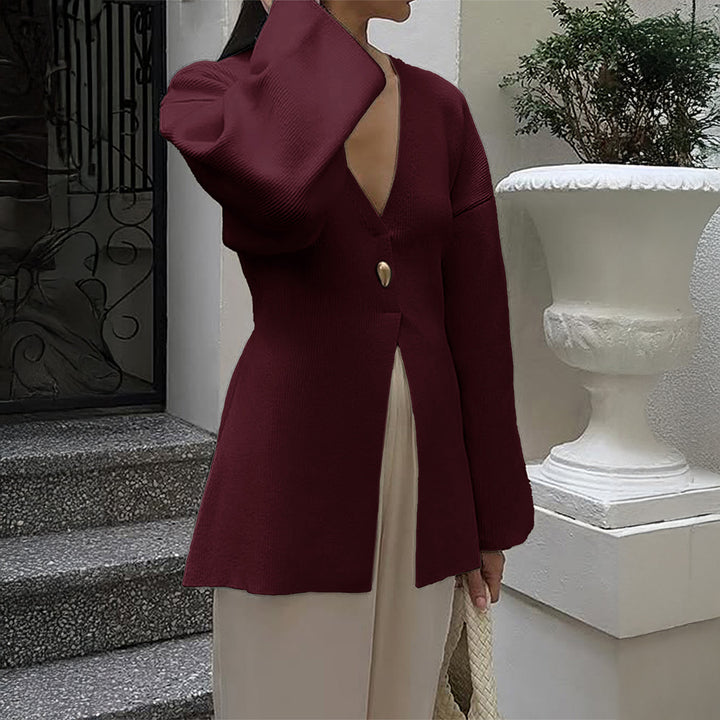 Women's fitted fine knit cardigan with V-neck, decorative button, and front slit Mune Fashion