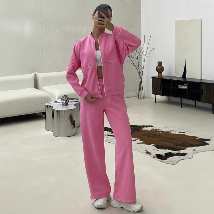 Women's Casual Zip Lounge Set with Stand Collar and Wide High Waist Jog Pants Mune Fashion