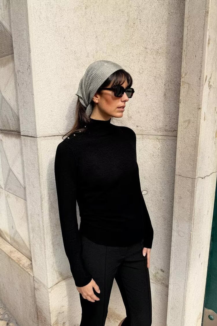 Women's fine knit roll neck with stand-up collar and decorative shoulder button placket Mune Fashion