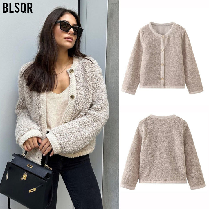 Women Boucle Cardigan with Button Placket and Round Neck Mune Fashion