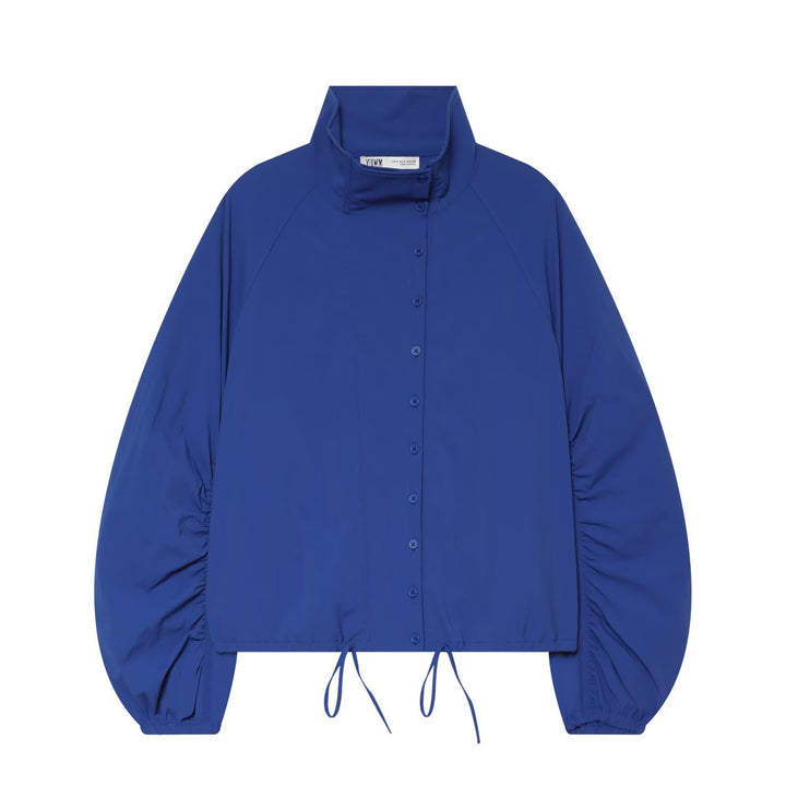 Women's short jacket with stand-up collar, gathered balloon sleeves, and drawstring hem Drune