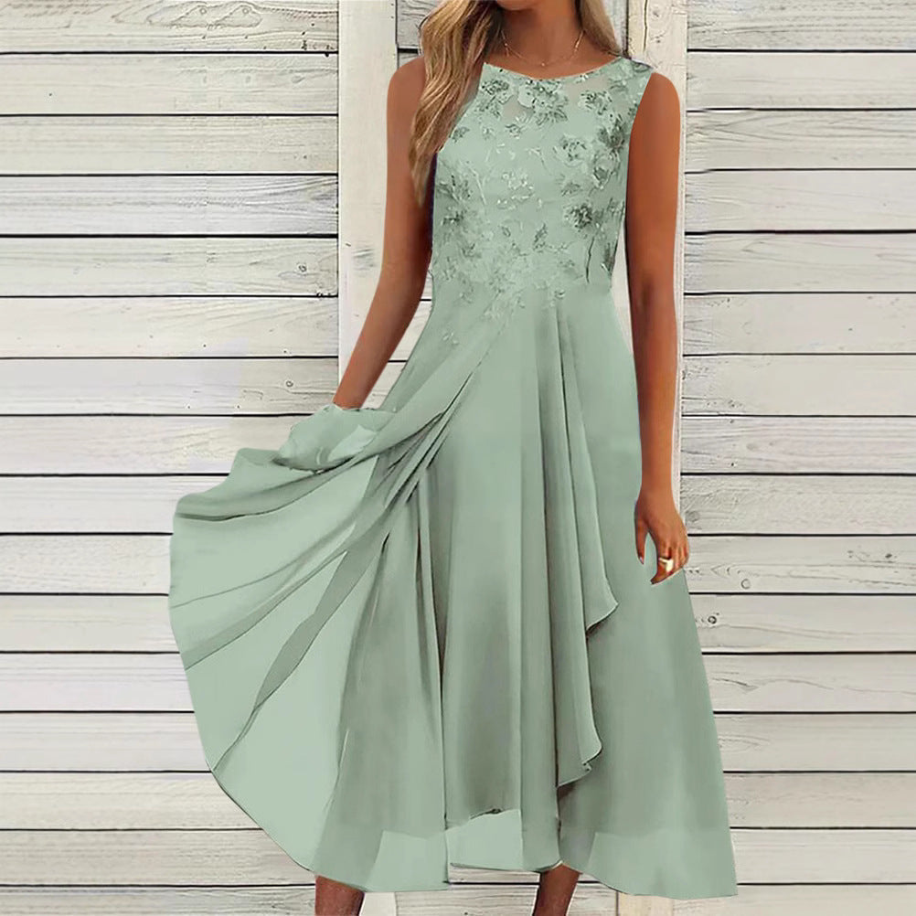 Women’s sleeveless chiffon midi dress with embroidered bodice and asymmetric layered skirt Mune Fashion