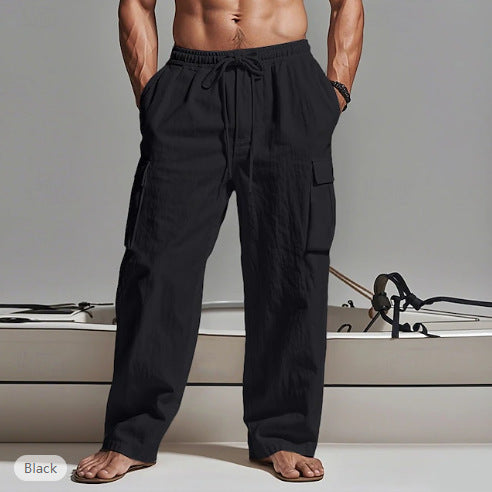 Men's loosely cut linen cargo pants with elastic waistband and drawstring Mune Fashion