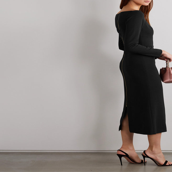 Women's Off-Shoulder Midi Dress in Fitted Sheath Dress Cut Mune Fashion