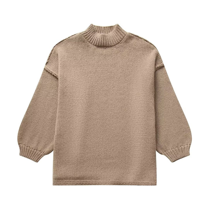 Women's chunky knit sweater with standing collar, dropped shoulders, and balloon sleeves Mune Fashion