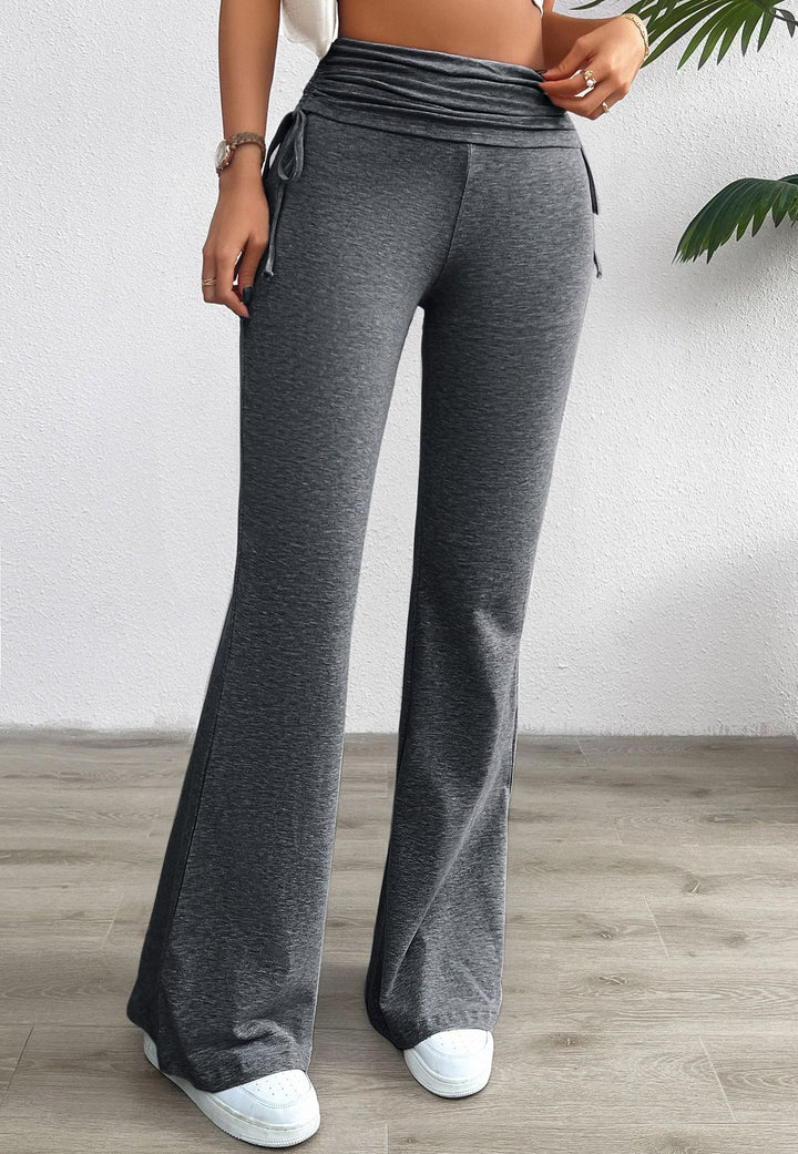 Women's soft palazzo lounge pants with folded waistband, side drawstrings, and flared leg Mune Fashion