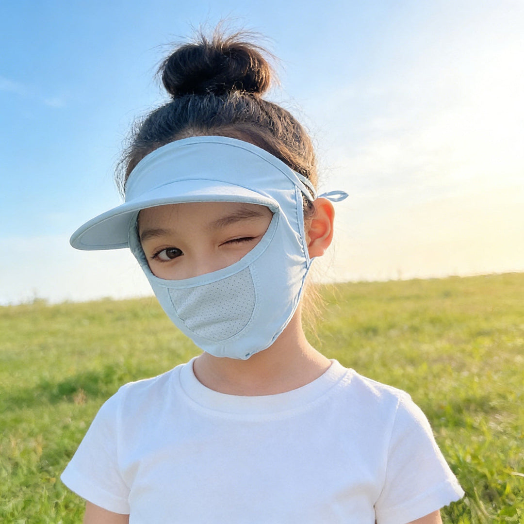 Unisex nan children's sun visor with integrated breathable face mask, adjustable neck strap, and perforated chin area Mune Fashion