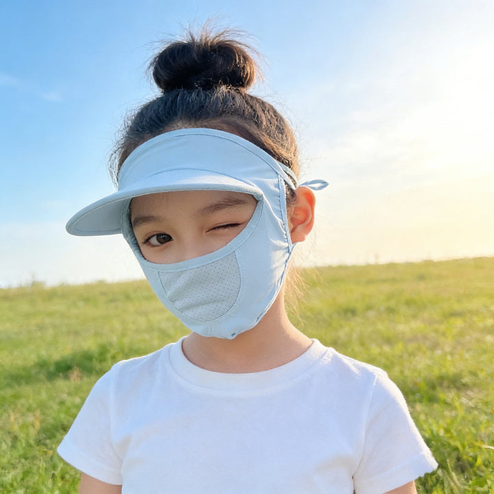 Unisex nan children's sun visor with integrated breathable face mask, adjustable neck strap, and perforated chin area Mune Fashion
