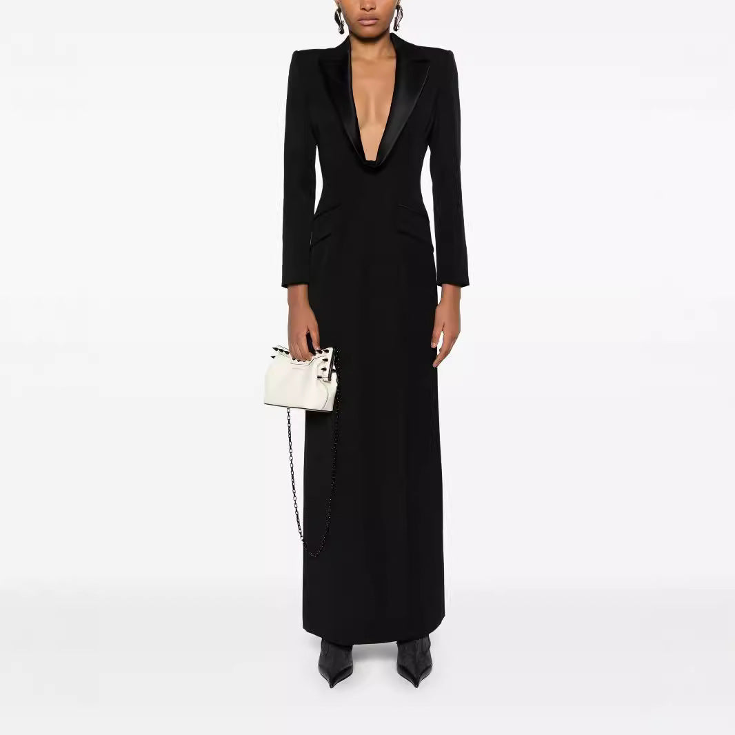 Ladies Tailored Evening Maxi Dress in Tuxedo Blazer Style Mune Fashion