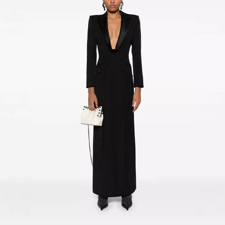 Ladies Tailored Evening Maxi Dress in Tuxedo Blazer Style Mune Fashion