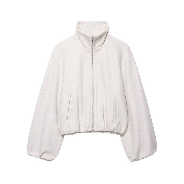 Women's Oversized Short Blouson with Stand-Up Collar, Zipper and Elastic Hem Drune
