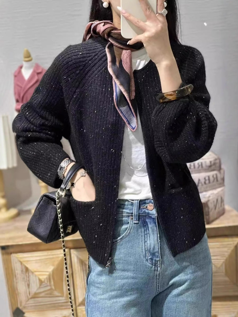 Women's cropped boxy cardigan with ribbed fine knit balloon sleeves and patch pockets Mune Fashion