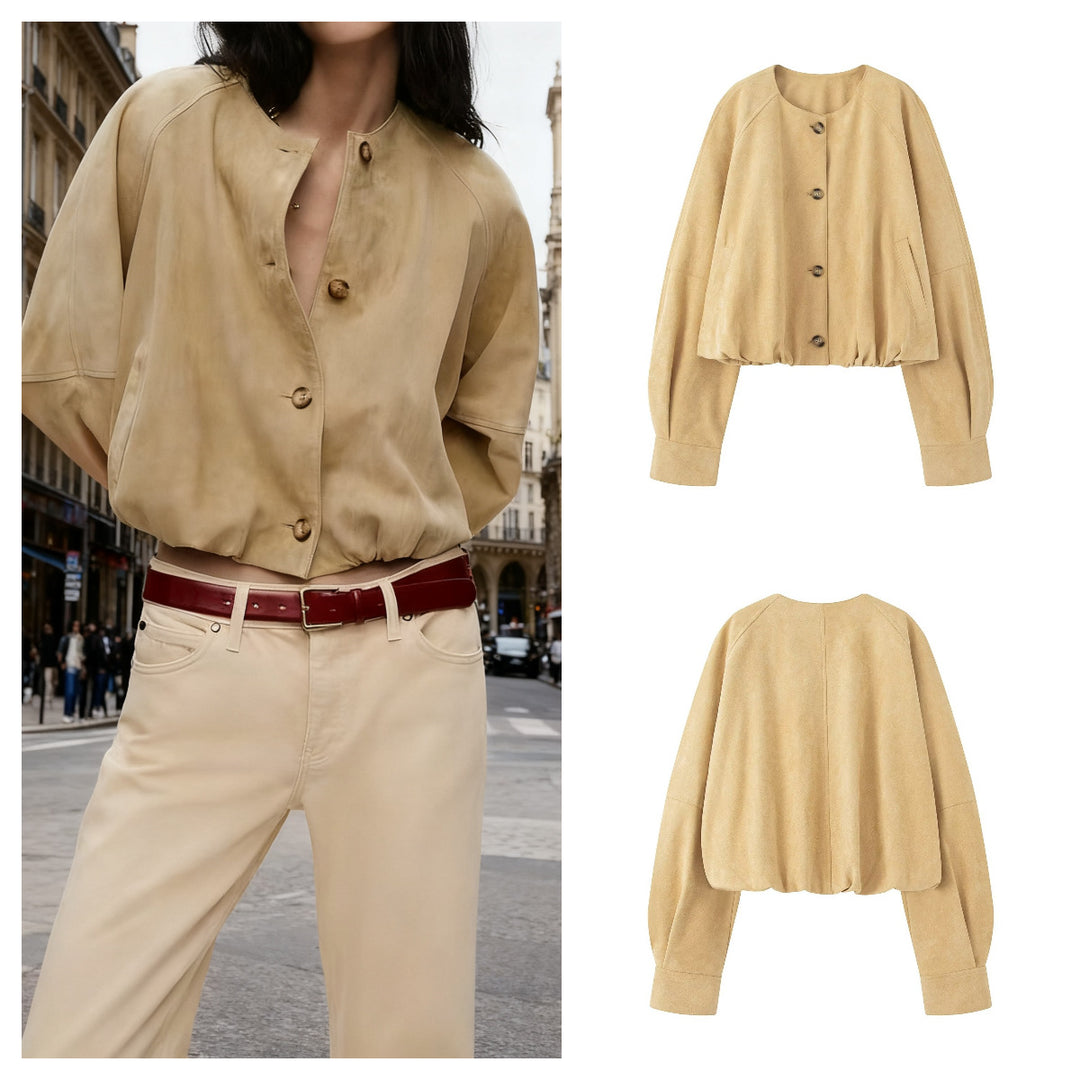 Women's short jacket in velour look with round neckline, balloon sleeves, and elastic hem Mune Fashion