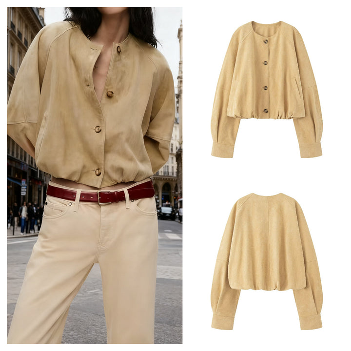 Women's short jacket in velour look with round neckline, balloon sleeves, and elastic hem Mune Fashion