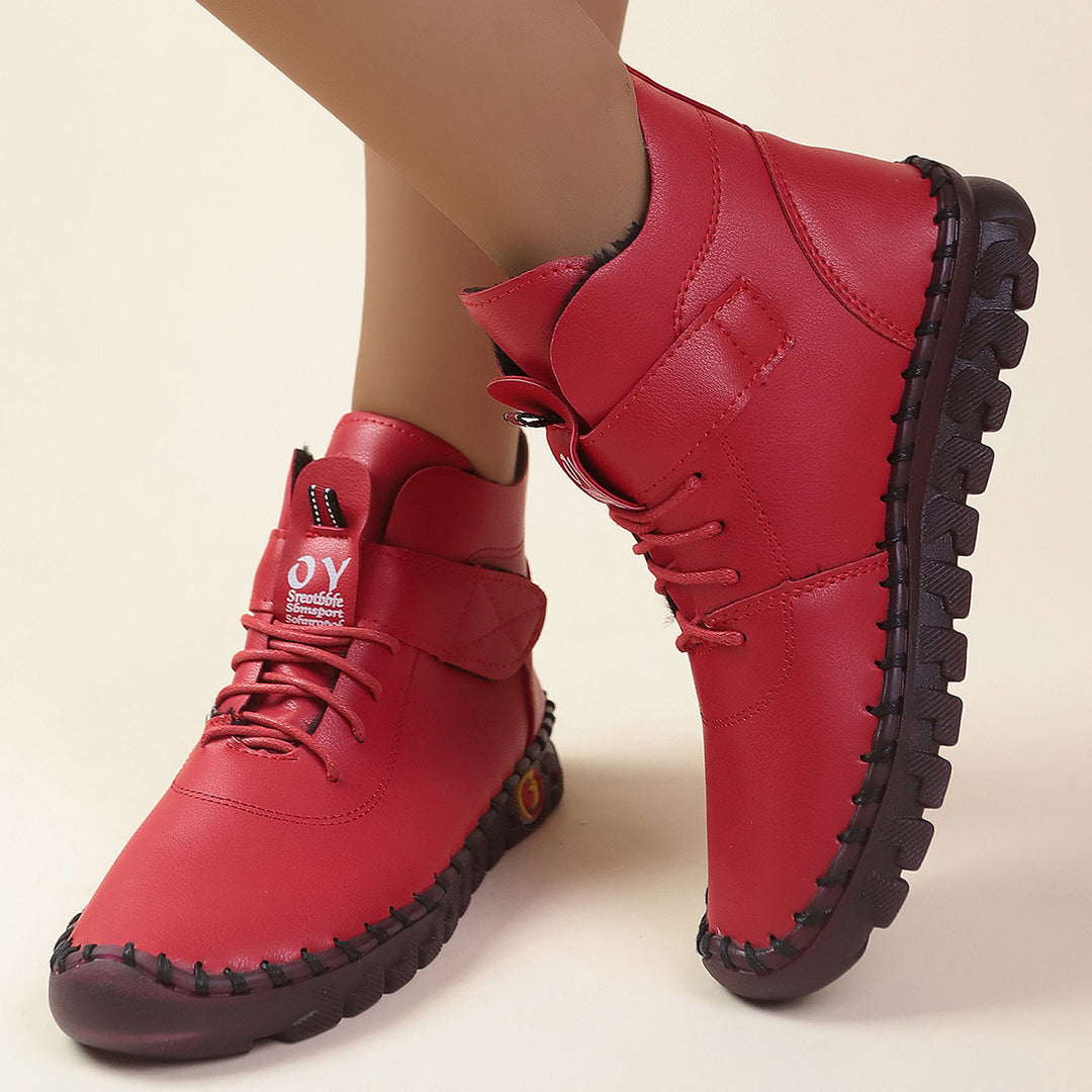 Women ankle-high comfort lace-up booties with Velcro closure and textured rubber outsole Mune Fashion