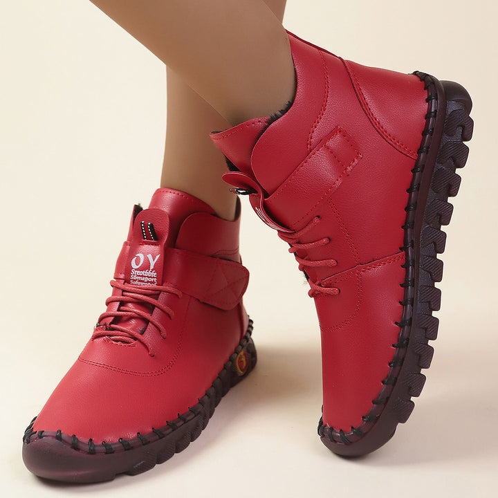 Women ankle-high comfort lace-up booties with Velcro closure and textured rubber outsole Mune Fashion