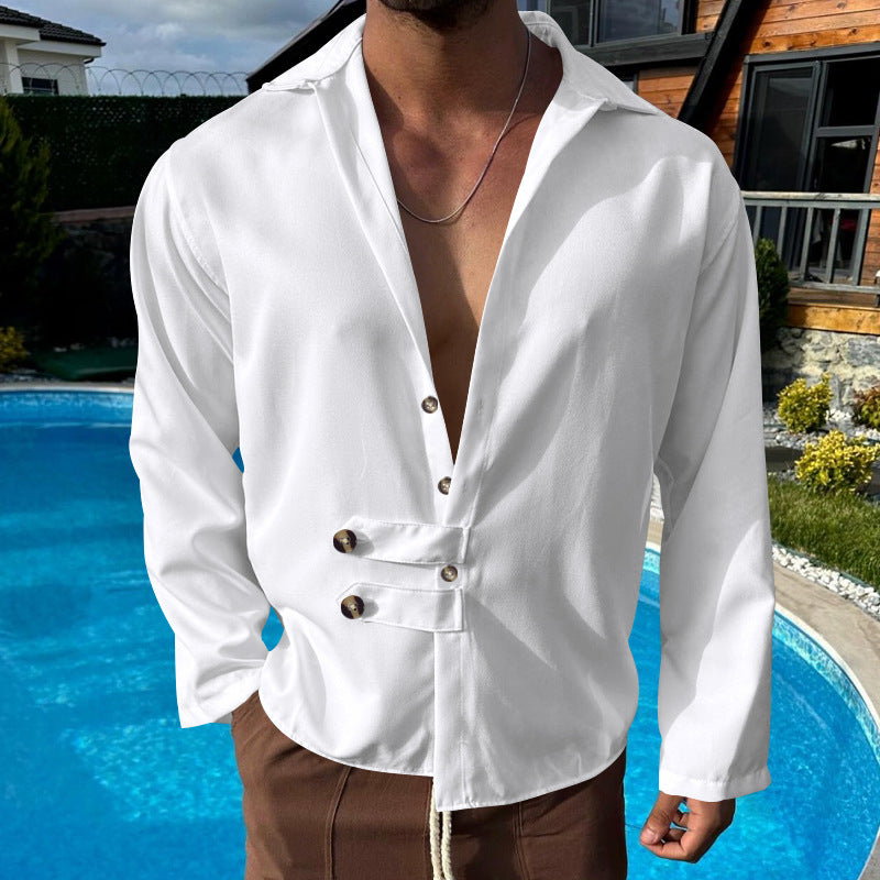 Men's modern long-sleeved shirt with deep neckline and asymmetrical strap look Mune Fashion