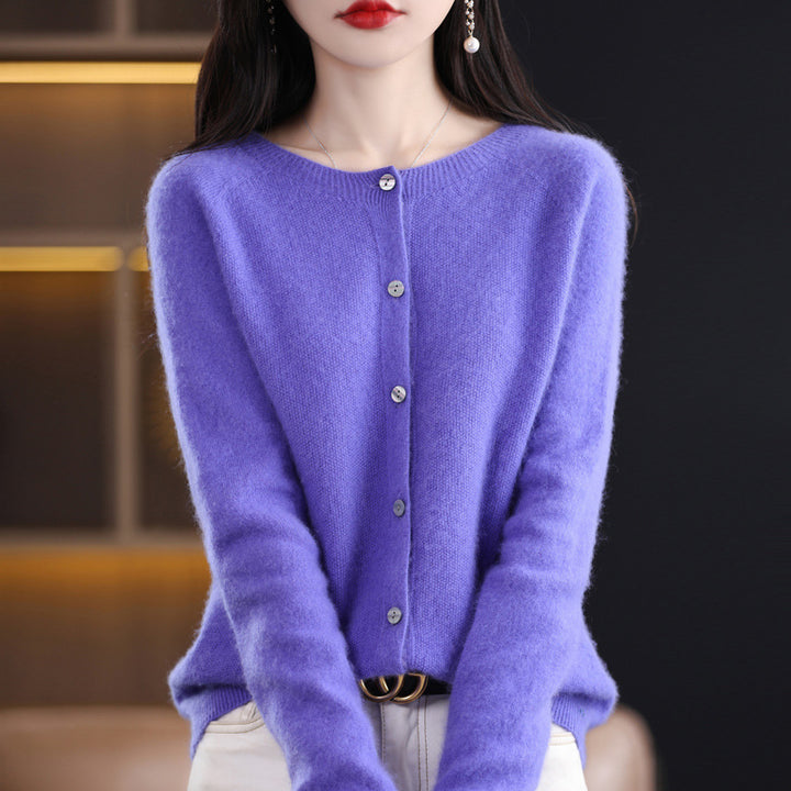 Women's Short-Cut Cardigan in Mohair-Look with Round Neckline and Pearl Buttons Mune Fashion