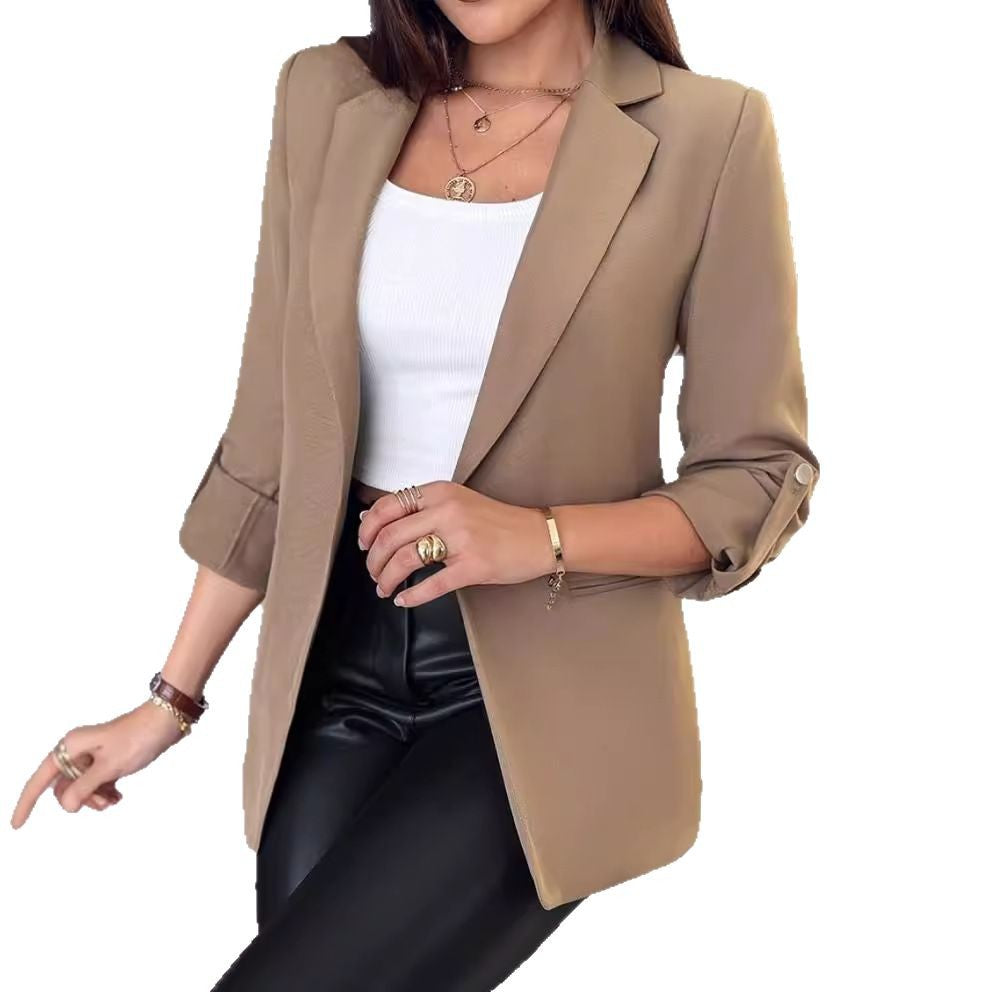 Women's tailored long blazer with rolled-up sleeves, lapel collar, and slim silhouette Mune Fashion