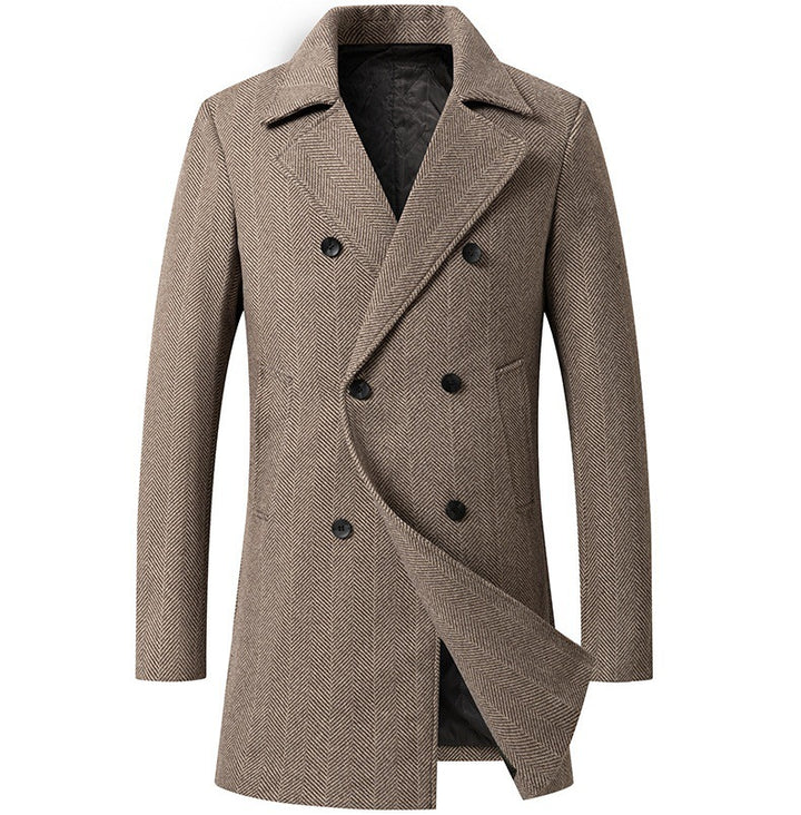 Men's Double-Breasted Herringbone Wool Blend Car Coat with Tailored Fit and Quilted Thermal Lining Mune Fashion